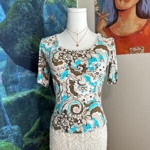 st. john retro floral swirl fitted stretch top preppy vintage